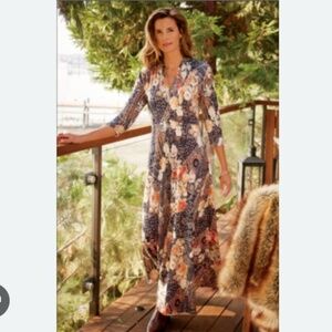 NWT Soft Surroundings Women ¾ Sleeve Fit & Flare Maxi Ponte Dress Sz L Boho Arts